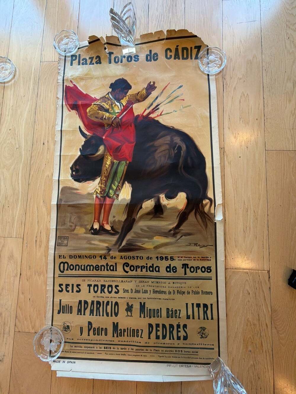 Original 1955 Plaza de Toros de Cádiz Bullfighting Poster, Printed by Ortega Val